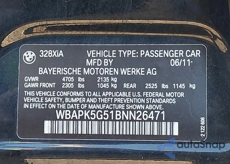 2011 BMW 328I xDrive from USA, damaged, VIN WBAPK5G51BNN26471